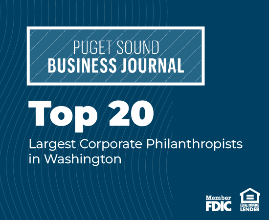 Blue graphic showing Puget Sound Business Journal's Top 20 Corporate Philanthropists in Washington.