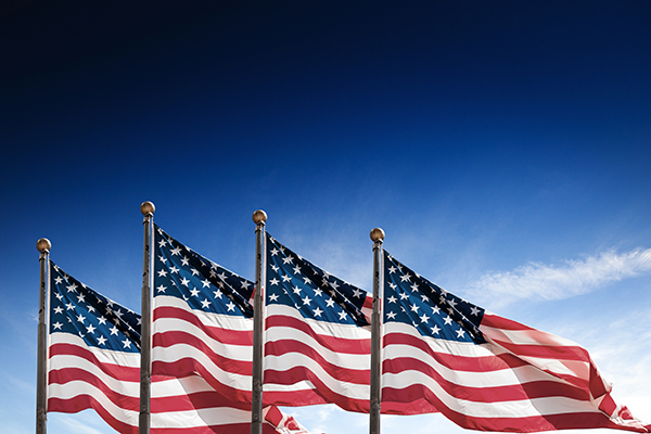 American flags blowing in wind