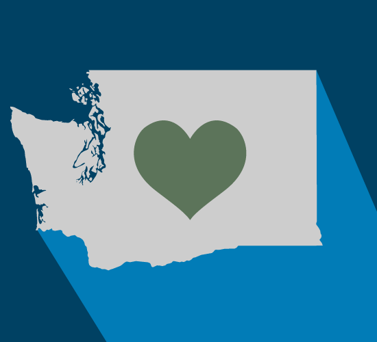 Washington State graphic with a green heart in the middle on a navy blue background.