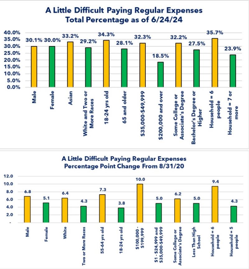 Table - Difficulty paying regular expenses comparison 08/31/20 to 06/24/24