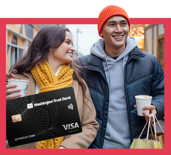 Couple walking with coffees with red border